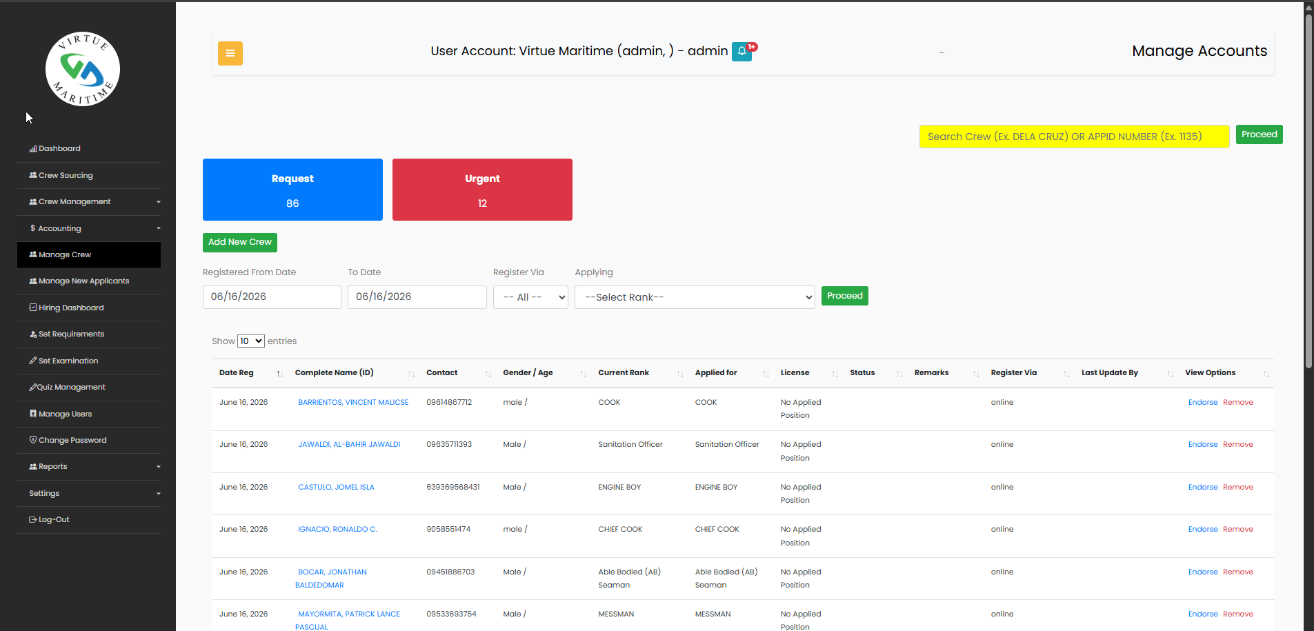 Crew management system dashboard